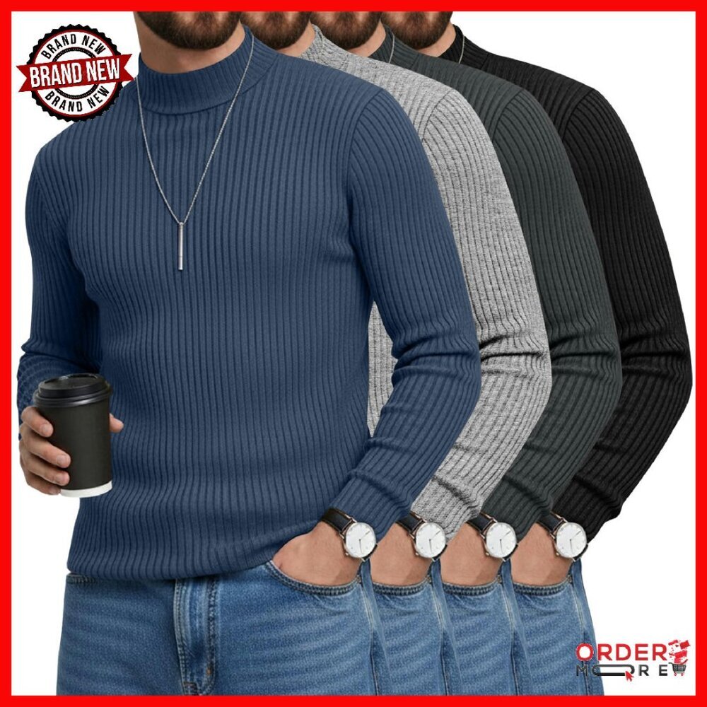 Men's Slim Fit Mock Turtleneck Sweaters 4-Pack Cotton Ribbed Knit Long Sleeve